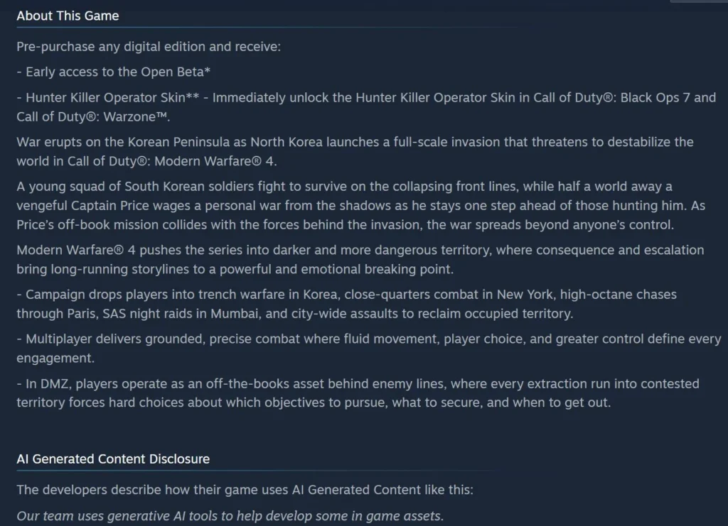 El cartel de la vergüenza en Steam: "Our team uses generative AI tools" 1 Modern Warfare 4