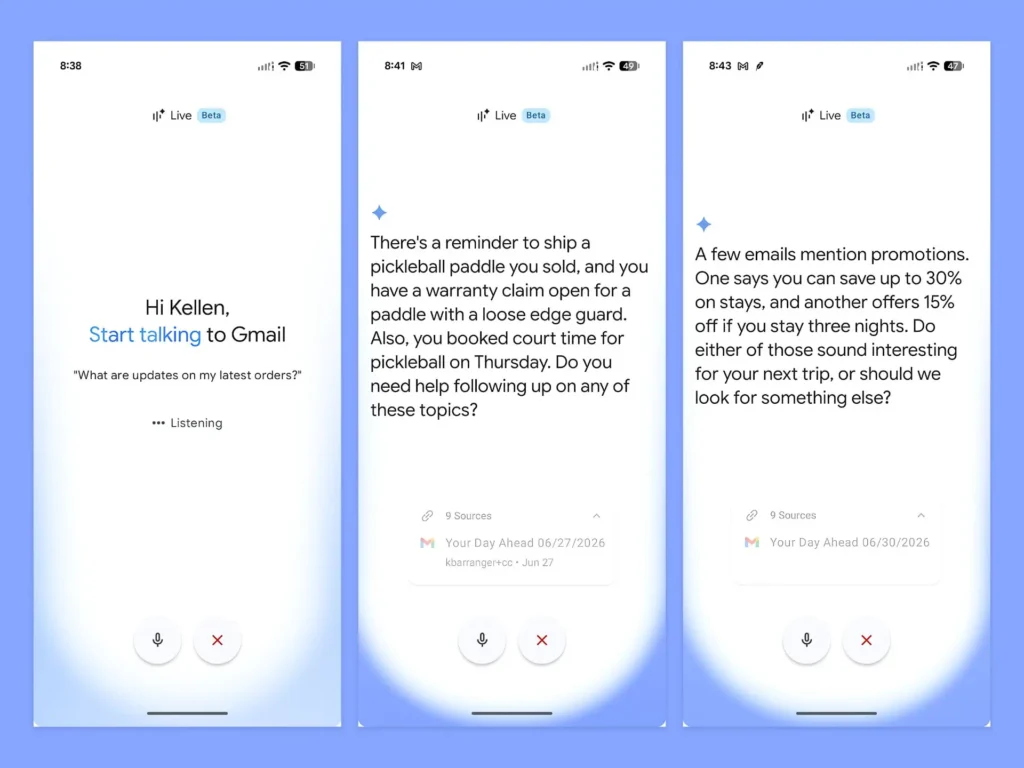 Google revoluciona Gmail: Gemini Live llega para controlar tu correo con la voz 2 Gmail Live in action features