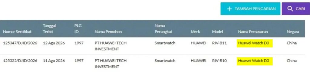 Huawei Watch D3 registrado 1